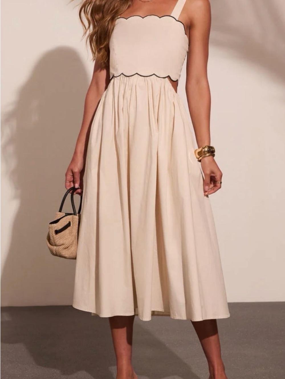 Vici Cream Scallop-Edge Midi Dress